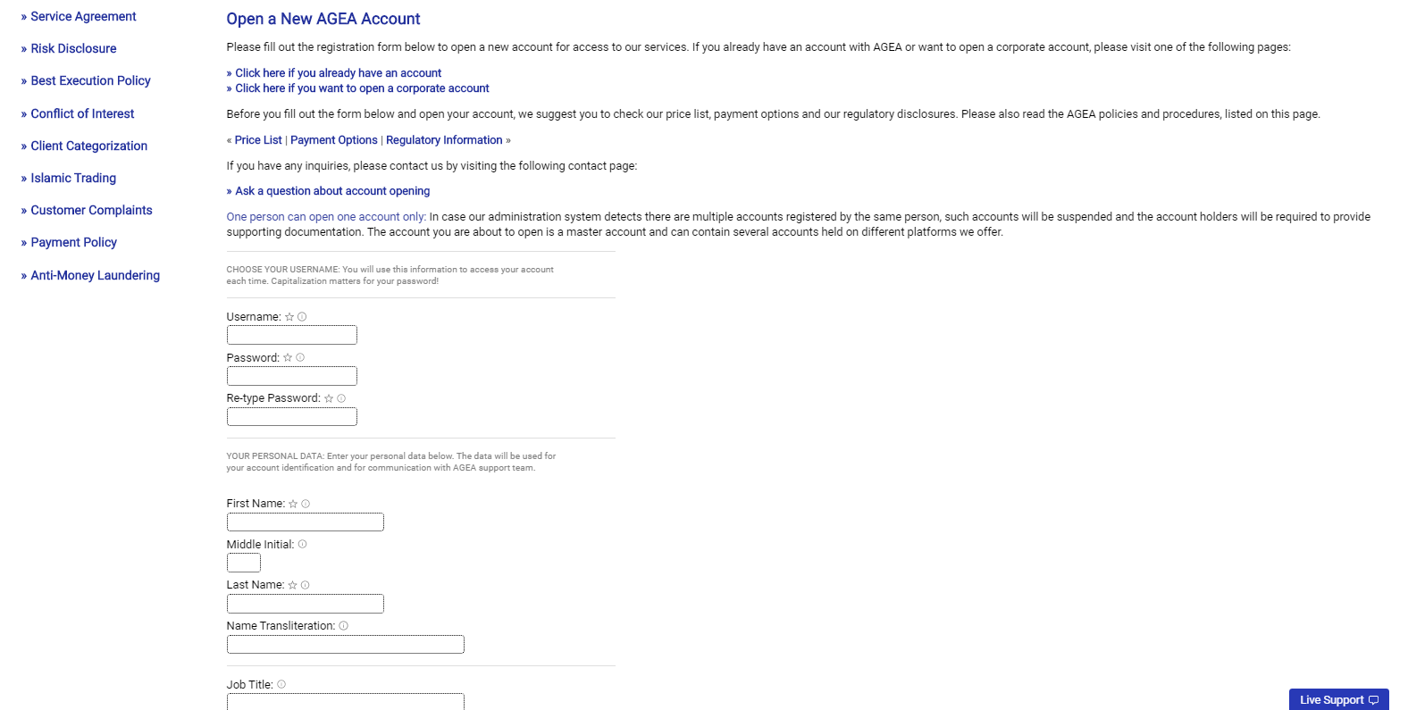 AGEA account opening page
